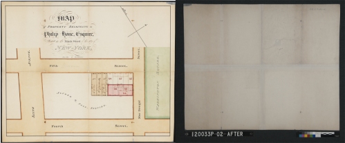 Francis Nicholson (1753-1844). Map of Property belonging to Philip Hone Esquire, Situated in the 9th Ward of the City of New York, 1827 (After treatment, front and back). Museum of the City of New York. 29.100.3016