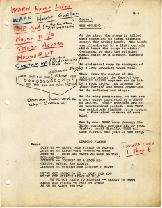 Page one of production script for Pippin by Roger O. Hirson with additions from Bob Fosse. October 23, 1972. Museum of the City of New York. 88.86.14.3