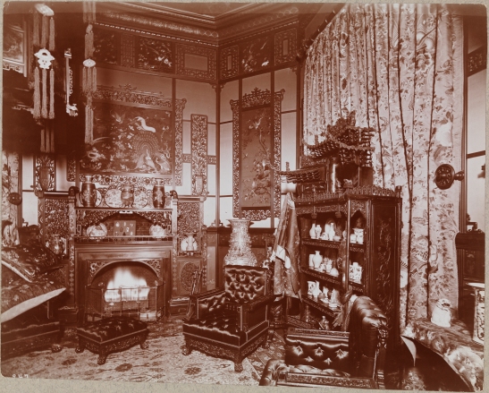 An ornate room of the Theodore (?--Henry Osborne?) Havemeyer (sugar refiner) residence at Madison Avenue and 38th Street. Asian porcelains, sculptures and paintings fill the room.