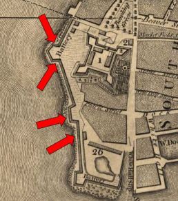 Detail of the “Plan of the City of New York” by Bernard Ratzer depicting the Battery Wall in 1766-1767. The approximate locations of the four wall segments excavated in 2005 are indicated with red arrows. Map image from the U.S. Library of Congress (accessed December 19, 2015). 